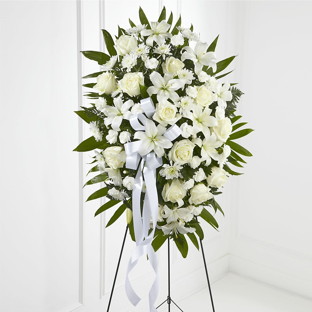 Exquisite Tribute Standing Spray-White Ribbon – Hallmark Flower Shoppe, Panama City FL
