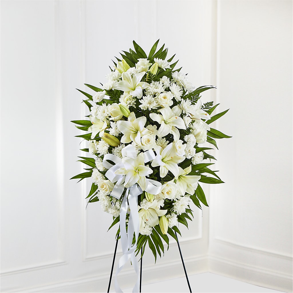 Exquisite Tribute Standing Spray-White Ribbon – Hallmark Flower Shoppe, Panama City FL